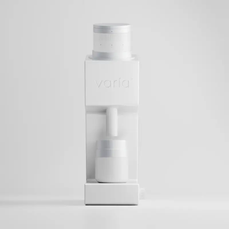 Премиум бяла кафемелачка Varia VS4 с алуминиев корпус и дозираща чаша.
