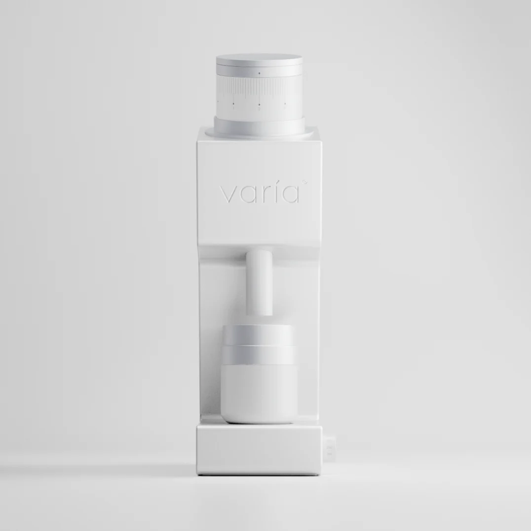 Премиум бяла кафемелачка Varia VS4 с алуминиев корпус и дозираща чаша.