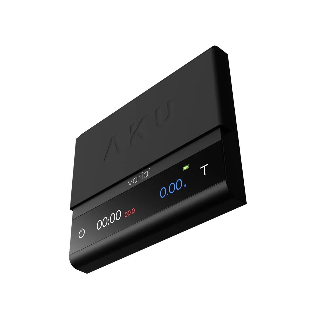 Професионална черна бариста везна Varia AKU Pro Scale с точност от 0.01g, OLED дисплей и силиконова подложка.