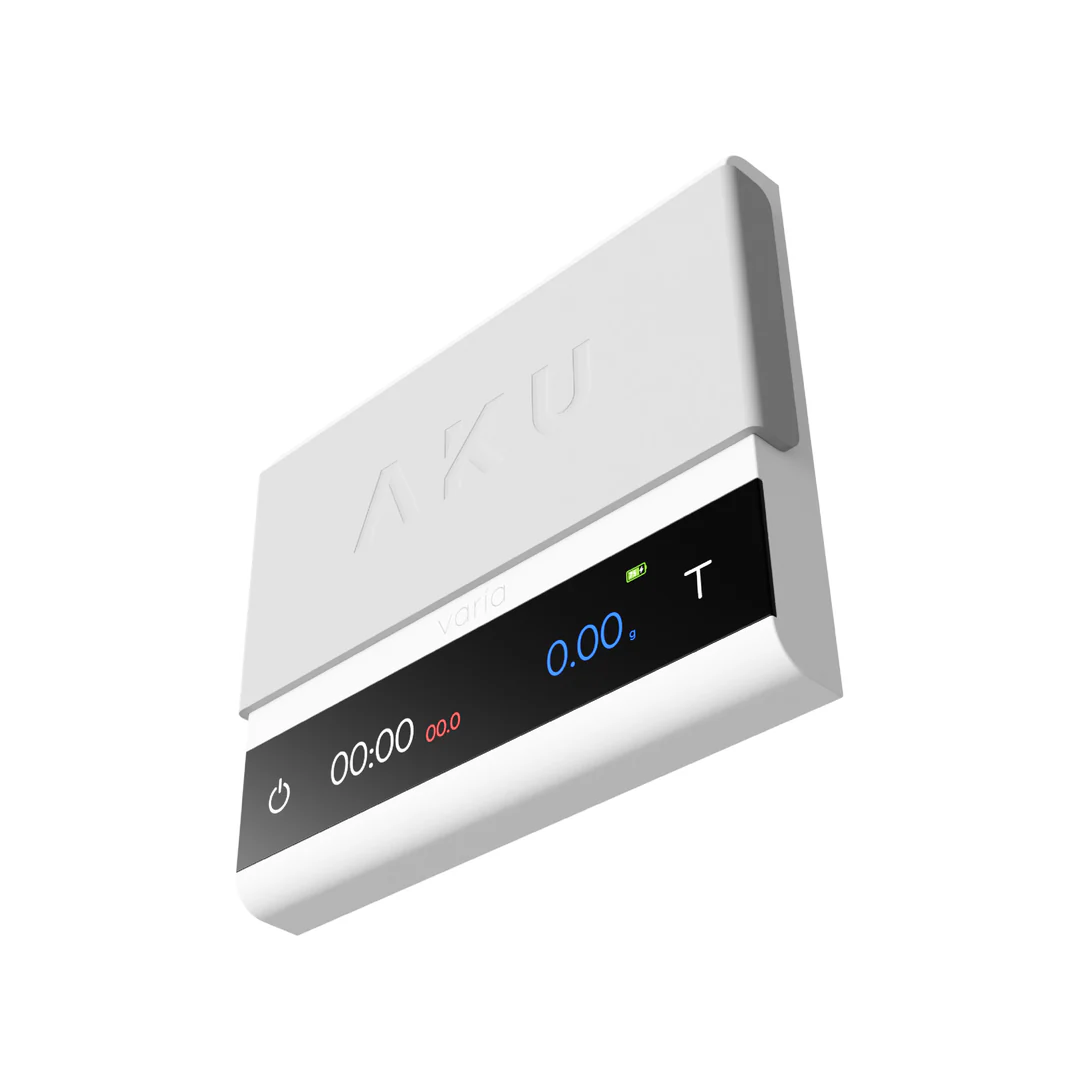 Професионална бяла бариста везна Varia AKU Pro Scale с точност до 0.01g и ярък OLED дисплей.