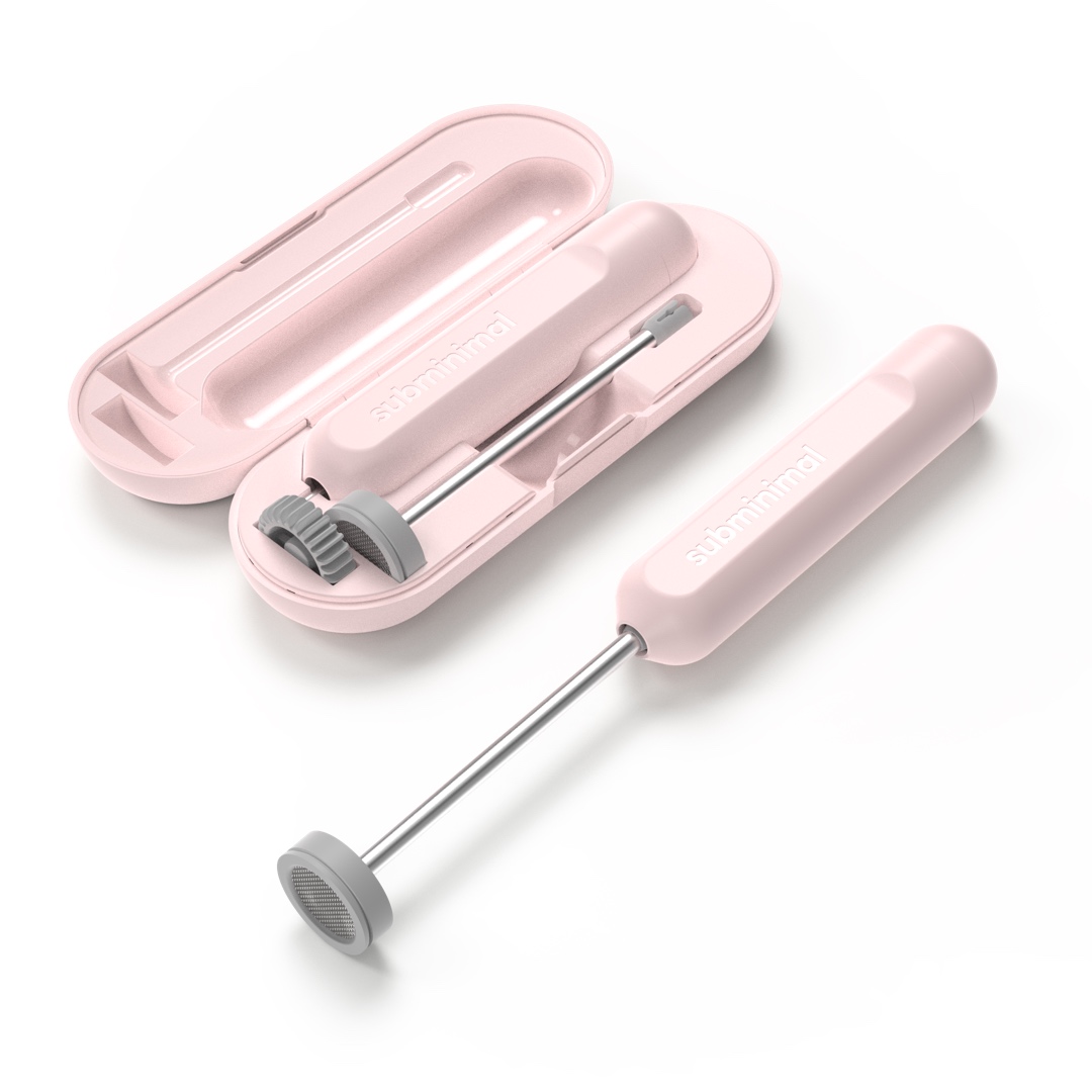 Розов компактен разпенвател за мляко Subminimal NanoFoamer Go с вградена нано-мрежа и USB-C зареждане.